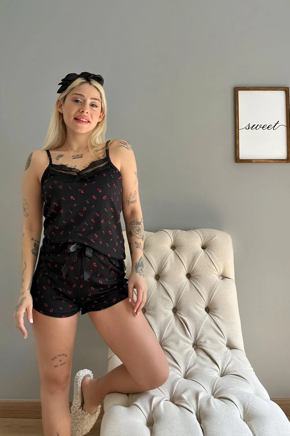 Pijamaevi  Minimal florales Pegasus-Spitzen-Strick-Pyjama-Set mit Seil-Träger-Shorts