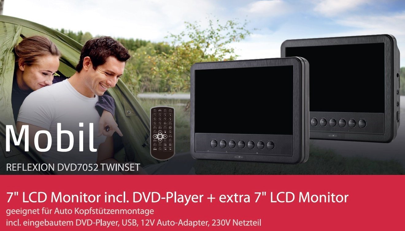 Reflexion DVD7052 LCD Monitor incl. DVD-Player + extra Monitor DVD-Player (Auto DVD-Player mit USB, Kopfhörer-Ausgang, 12 Volt-Adapter)