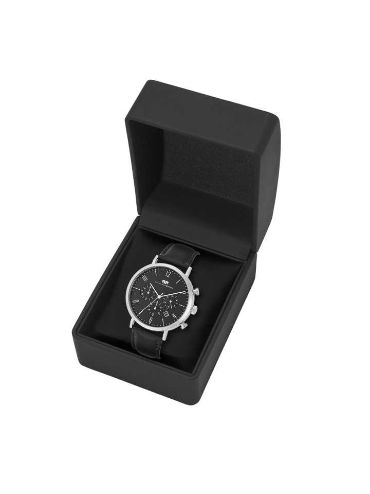 Rhodenwald & Söhne Herren Chronograph silber Echtleder schwarz in schwarz günstig kaufen 21 cm