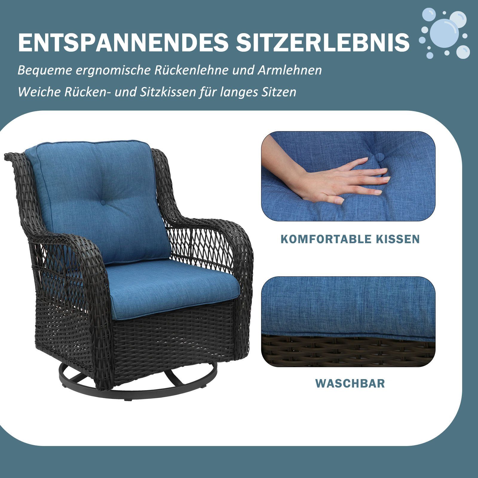 KAHOO Garten-Essgruppe 3tlg. Balkonmöbel Set, Polyrattan, inkl. Kissen