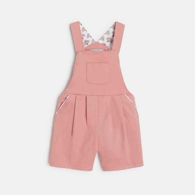 Salopette courte et blouse paons rose bébé fille