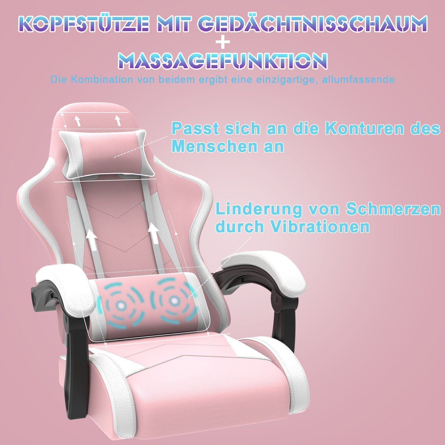 GUNJI Gaming Chair Massage Gaming Stuhl mit Fußstütze, 90-135° Rückenlehne einstellbar