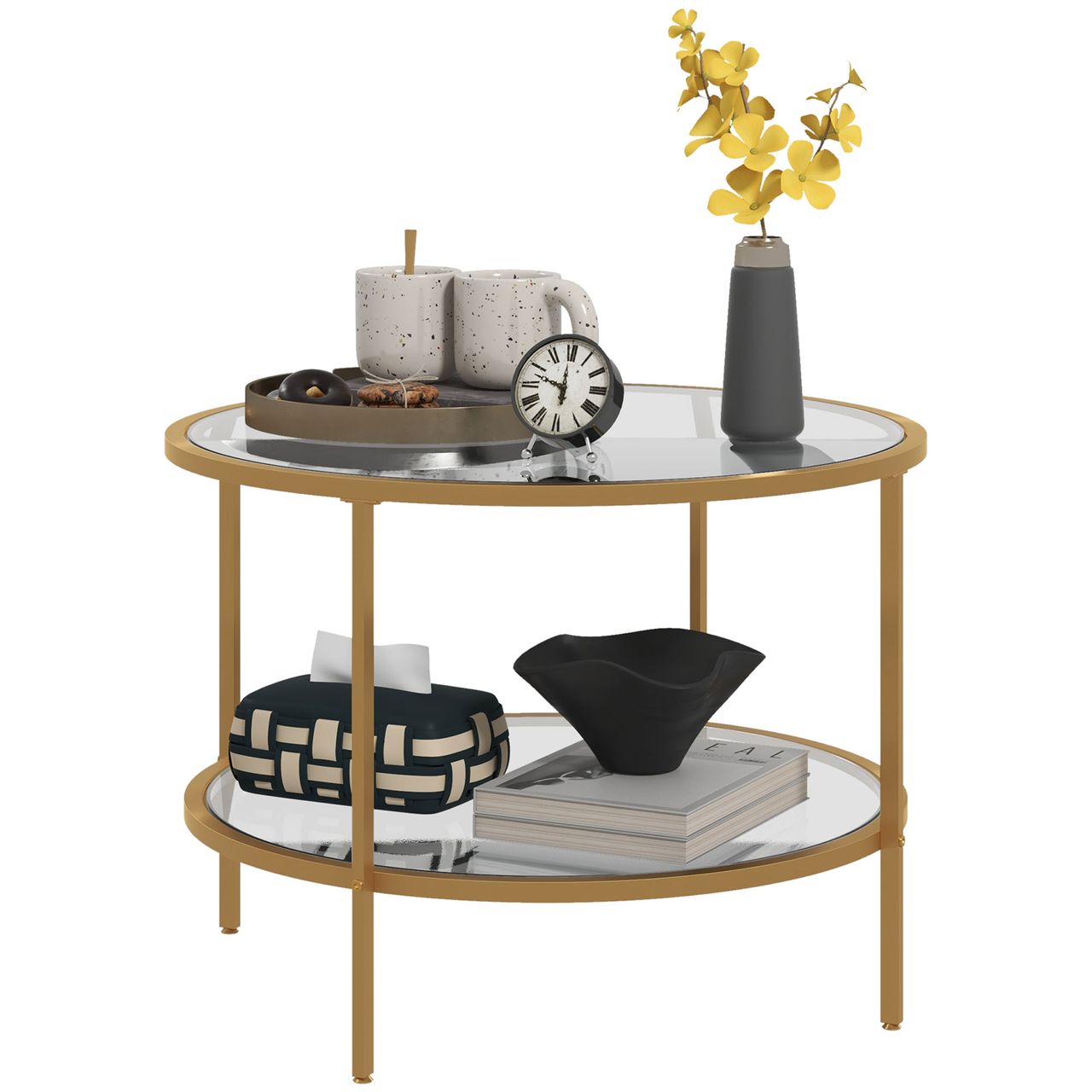 HOMCOM Beistelltisch Rund Couchtisch mit Ablage, Stahlrahmen, Kaffeetisch Gold