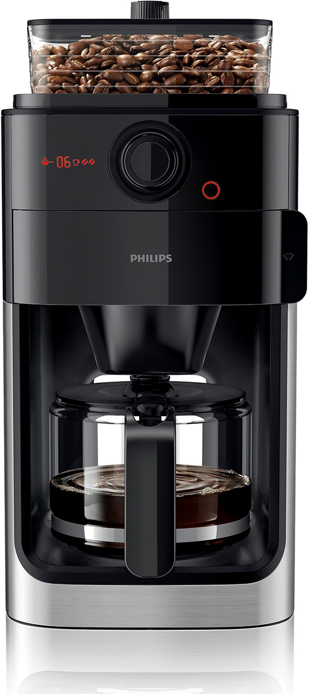 Philips Kaffeemaschine mit Mahlwerk Grind & Brew HD7767/00, aromaversiegeltes Bohnenfach, edelstahl/schwarz