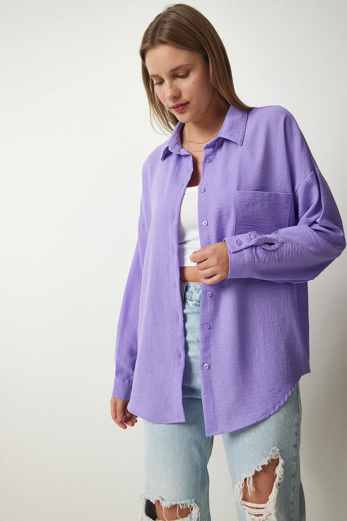 Happiness İstanbul  Lilafarbenes Oversize-Leinen-Ayrobin-Hemd für Damen DD01222