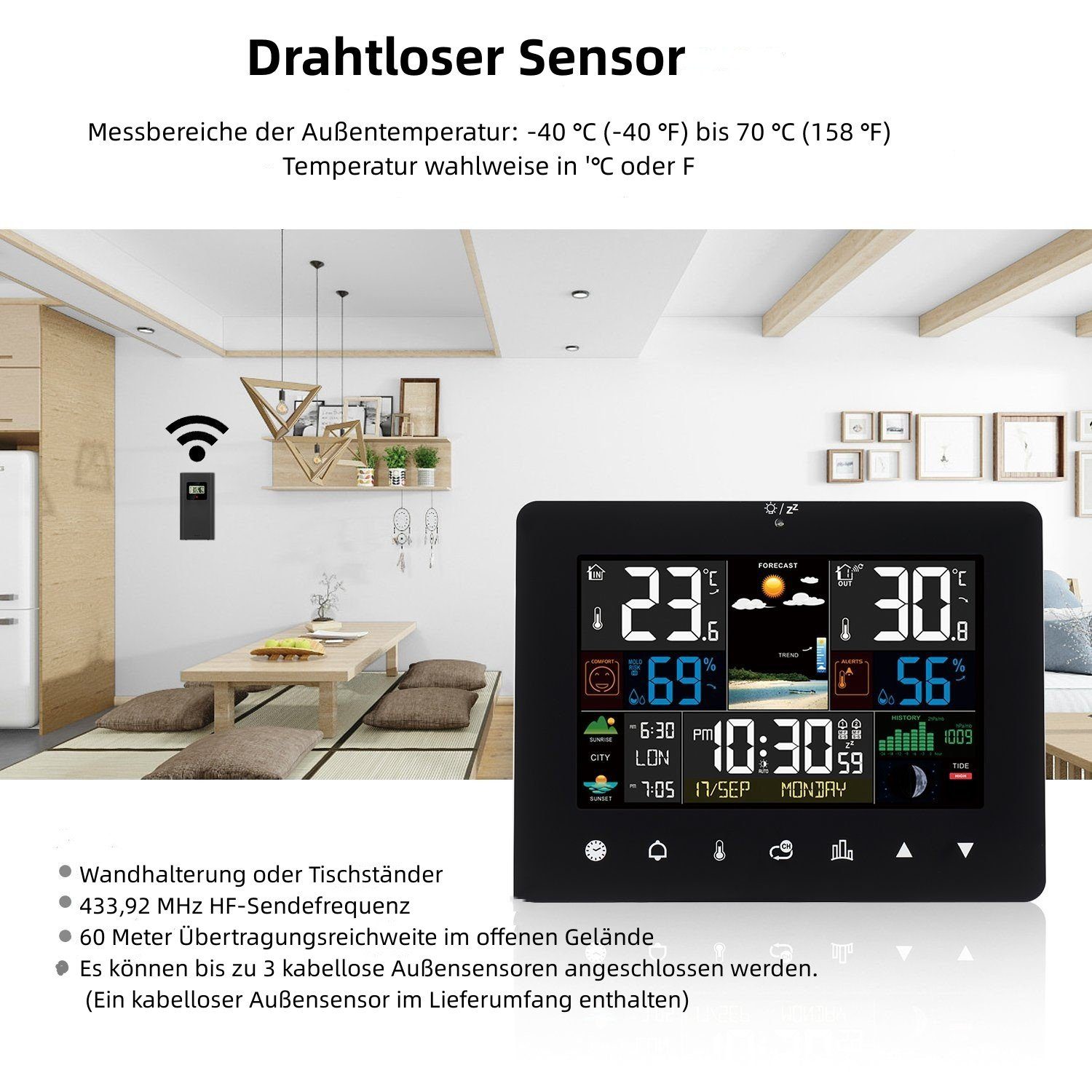 LETGOSPT Funkwetterstation mit Außensensor, Funk Wetterstationmit Kalender Funkwetterstation (Kalender Thermometer Hygrometer Farbdisplay)