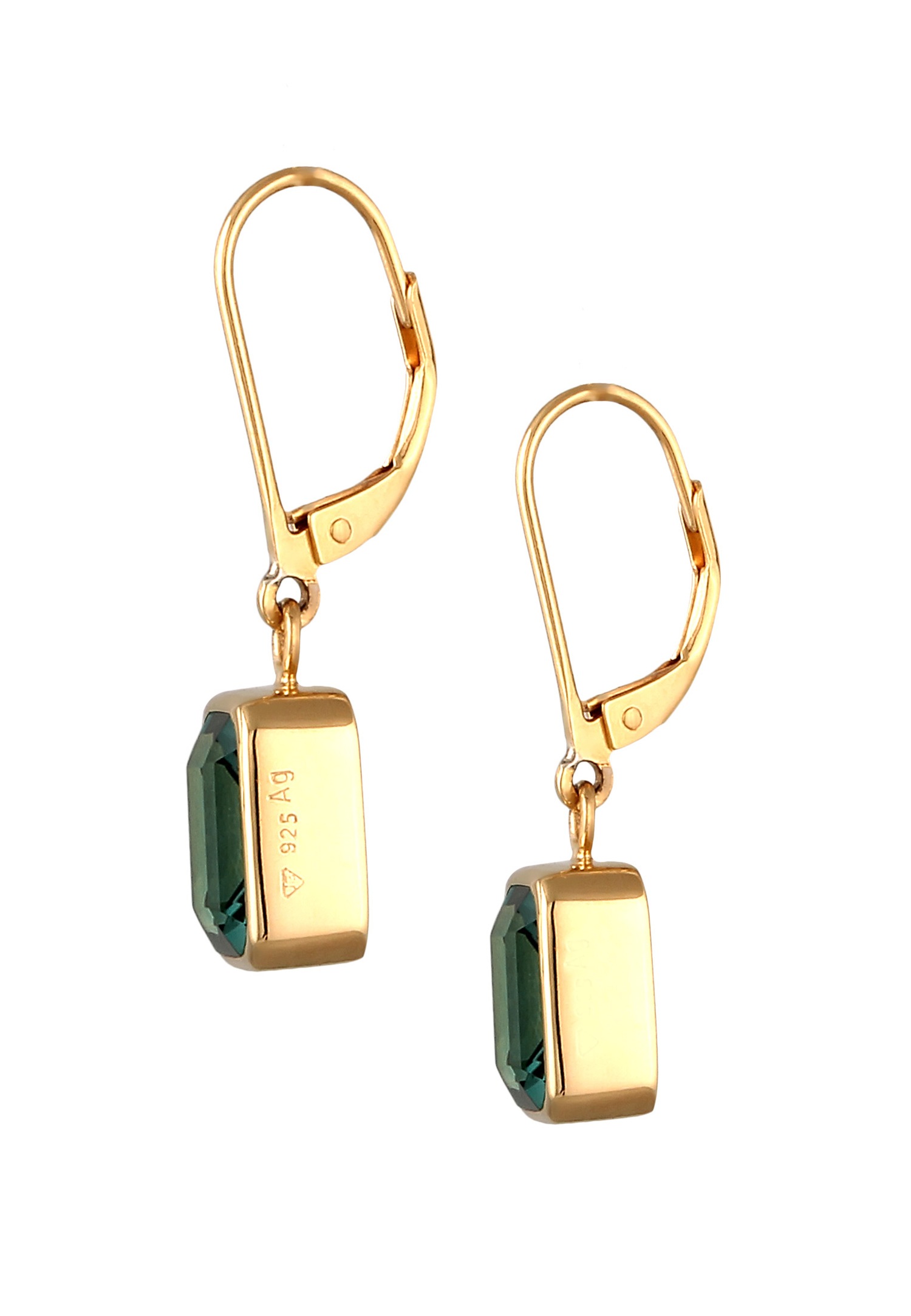 Orecchini da donna Elli PREMIUM con quarzo quadrato verde smeraldo in argento sterling 925 placcato oro, ideali per la sera.