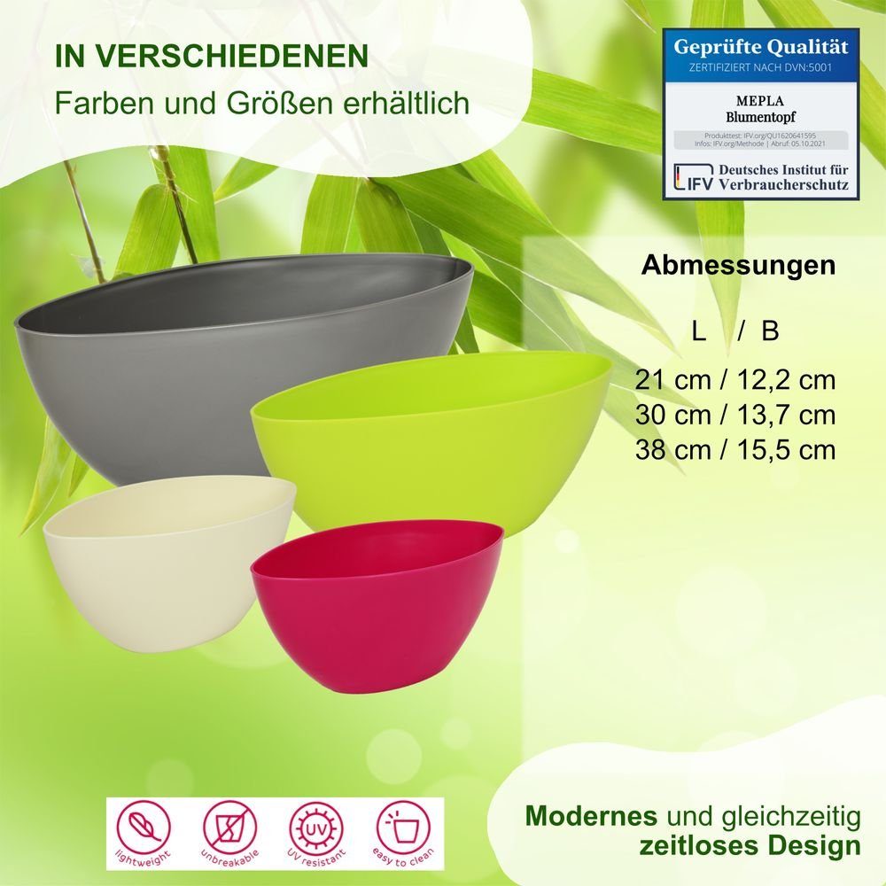 Heimwerkercenter Übertopf MePla - 2 Stück Schale OVAL - wetterfestes Pflanzgefäß - UV-beständiger Blumenkübel - Pflanzschale - Schale - L 21 cm - grau
