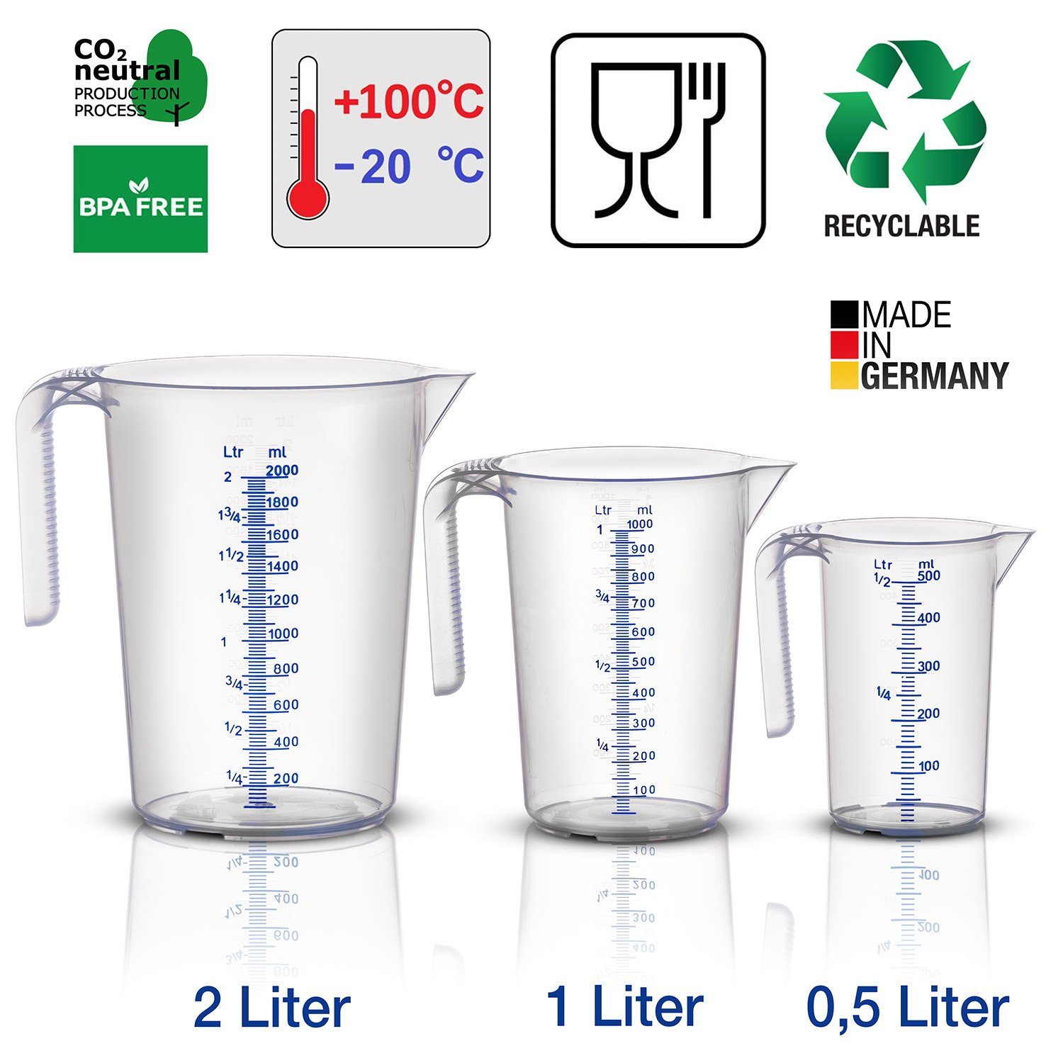 BigDean Messbecher Set 3 Größen: 500ml, 1L, 2L Skala, hitzebeständig Made in Germany, Polypropylen-Kunststoff