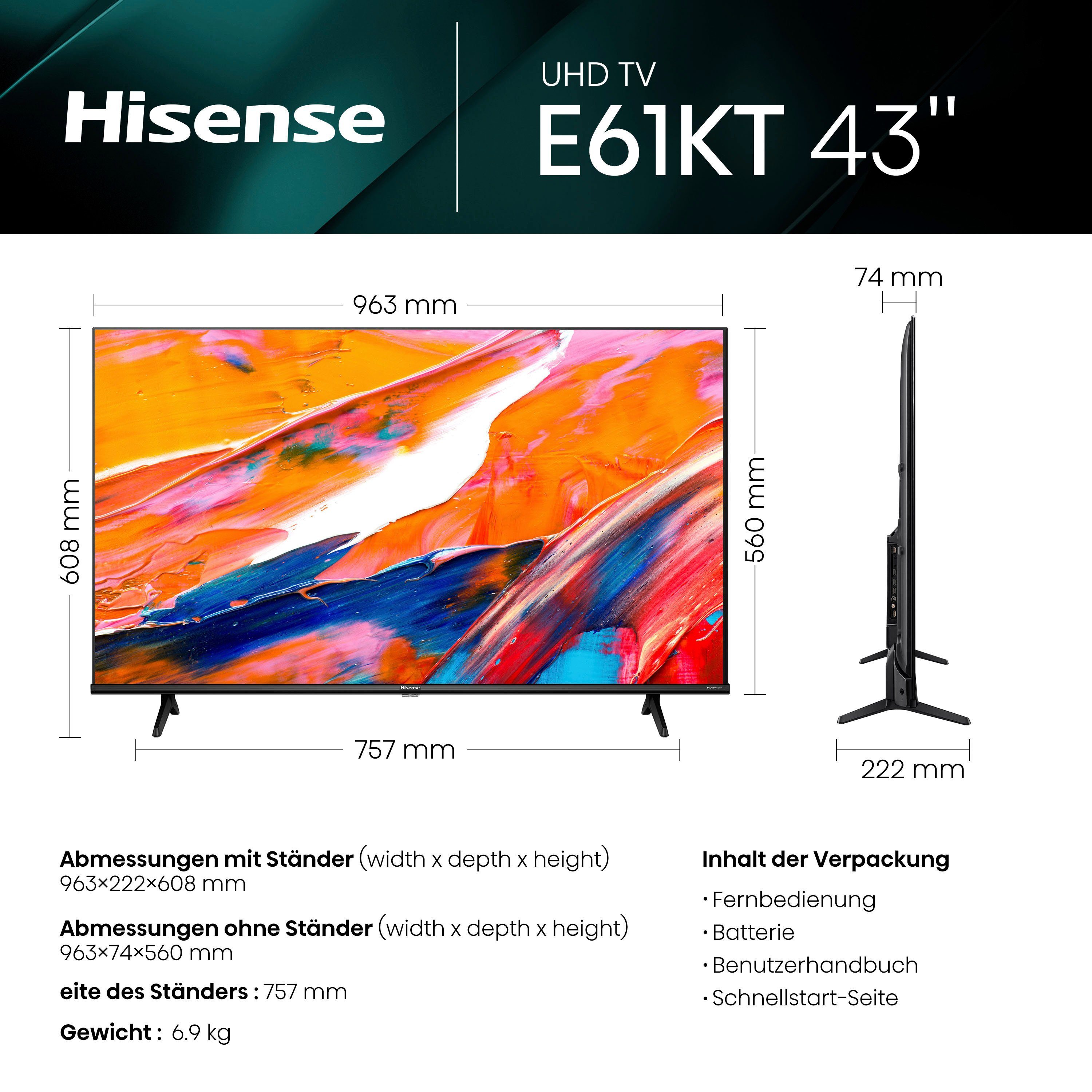 Hisense 43E61KT LED-Fernseher (108 cm/43 Zoll, 4K Ultra HD, Smart-TV, Smart-TV, Dolby Vision, Triple Tuner DVB-C/S/S2/T/T2)