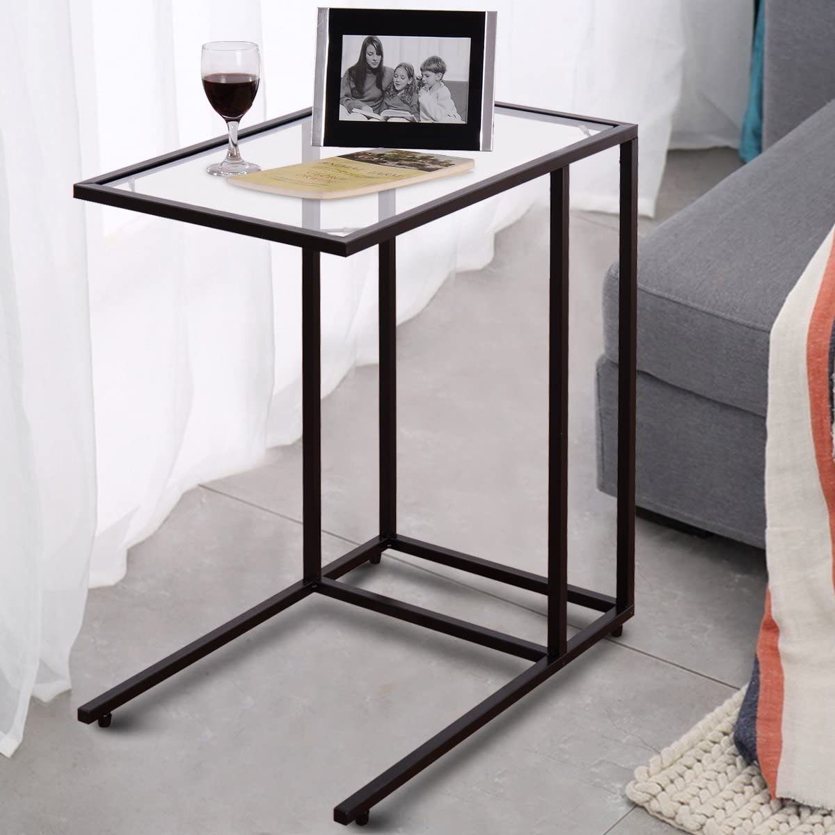 COSTWAY Beistelltisch, Laptoptisch fürs Bett, aus Glas 55,5 x 35 x 65 cm