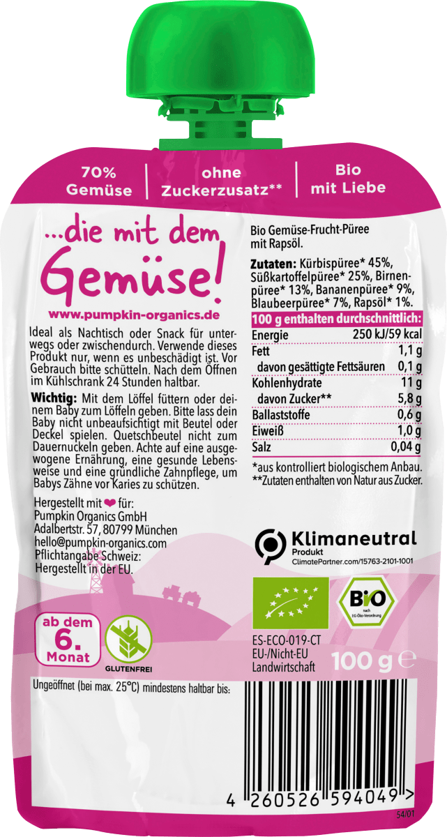 Quetschie Kürbis, Süßkartoffel, Birne, Banane & Blaubeere, ab 6 Monaten, 100 g