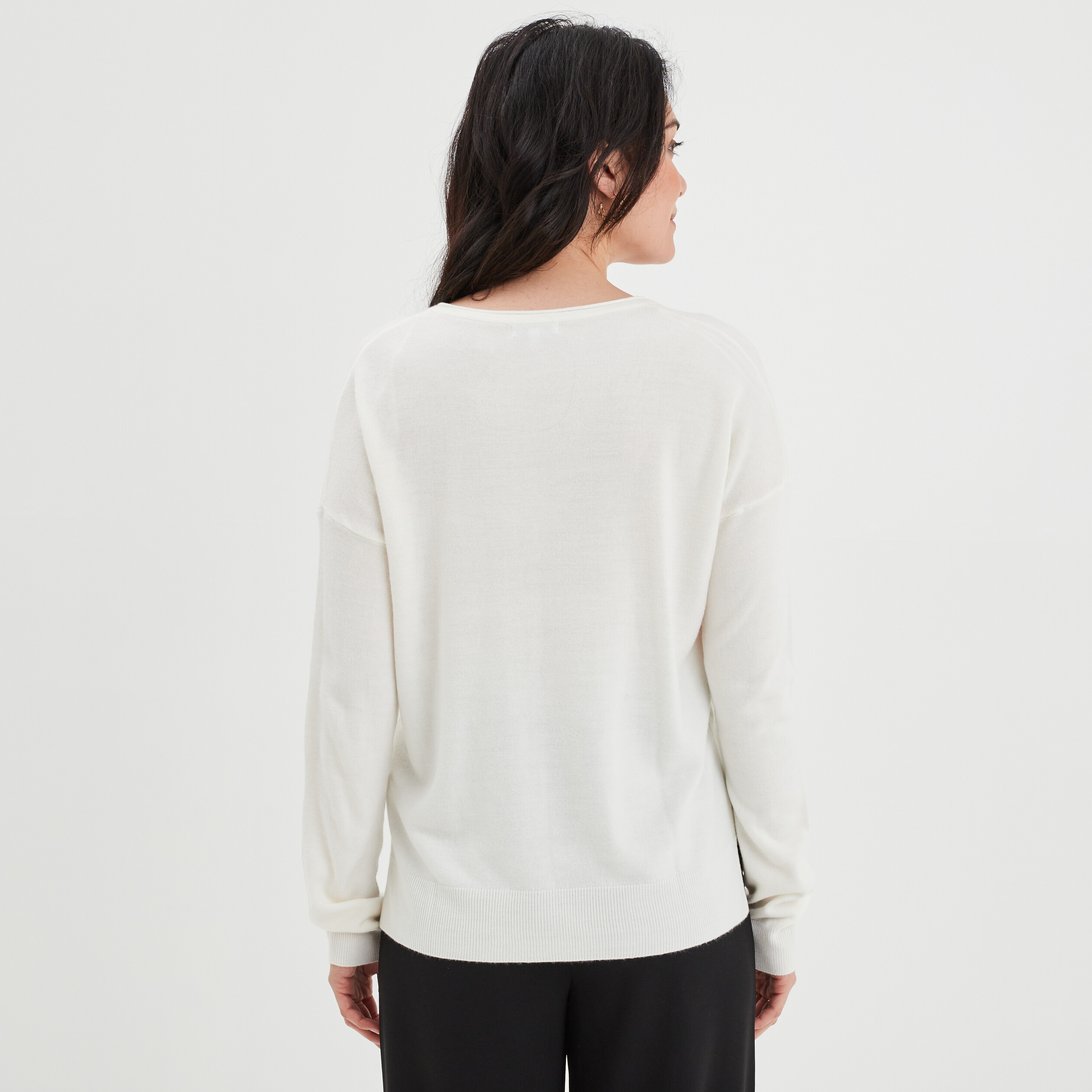 Pull col en V manches longues blanc femme | La Halle