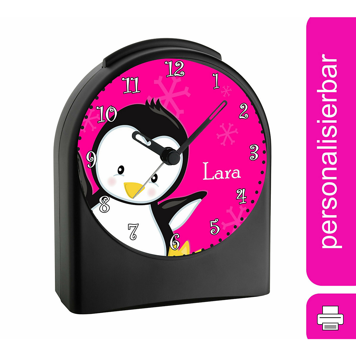 Kinder Funkwecker personalisiert mit Namen Pinguin Atom-/Funkuhr, 12-Stunden-Anzeigeformat, Schlummerfunktion, Nachtlicht, Geräuschlos/Ohne Ticken