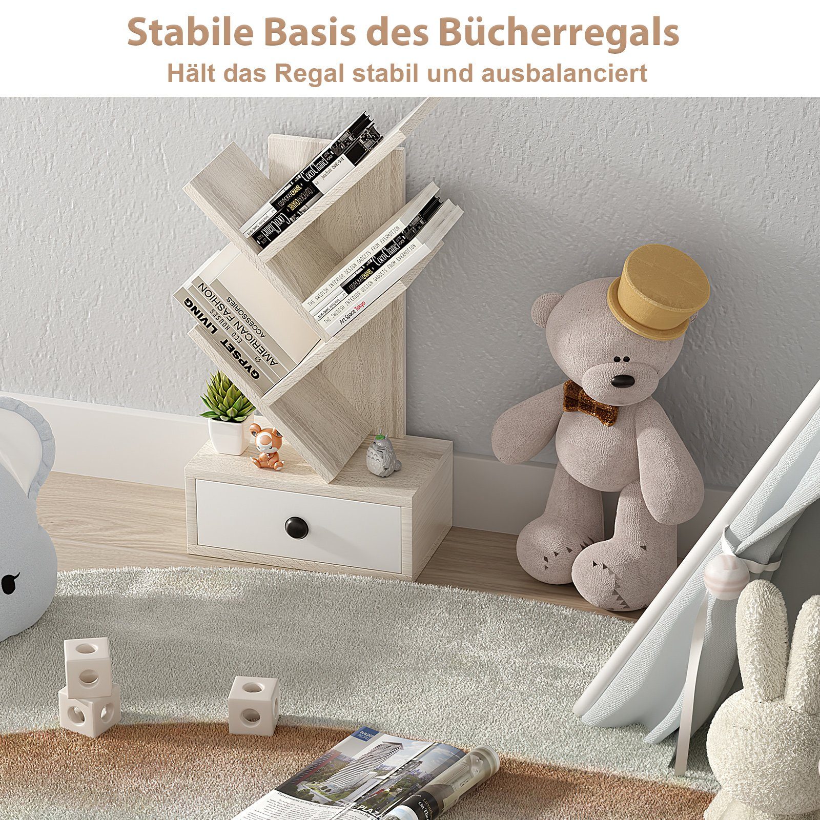 COSTWAY Bücherregal, stehend, in Baumform, mit Schublade, Holz, 30x17,5x60cm
