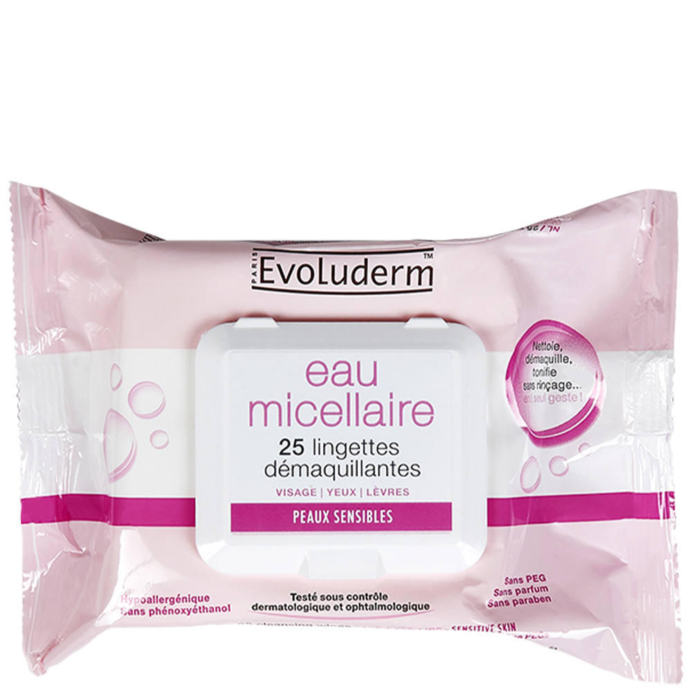 evoluderm Lingettes Démaquillantes 25 Lingettes Démaquillantes Eau Micellaire Peaux Sensibles