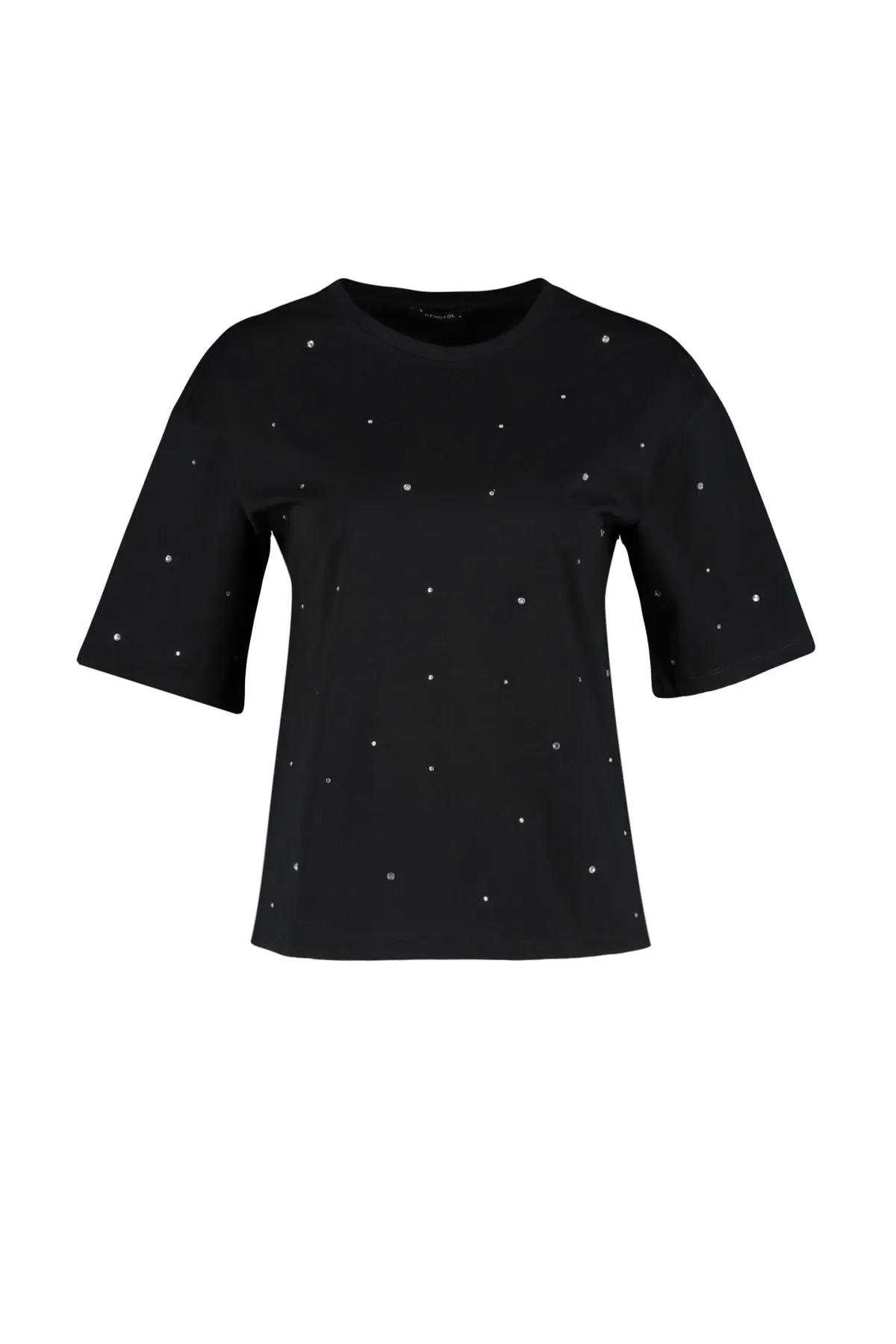 Trendyol Collection  Schwarzes Stone-detailliertes, entspanntes/weites, entspannt geschnittenes Strick-T-Shirt mit Rundhalsausschnitt TWOSS23TS00153