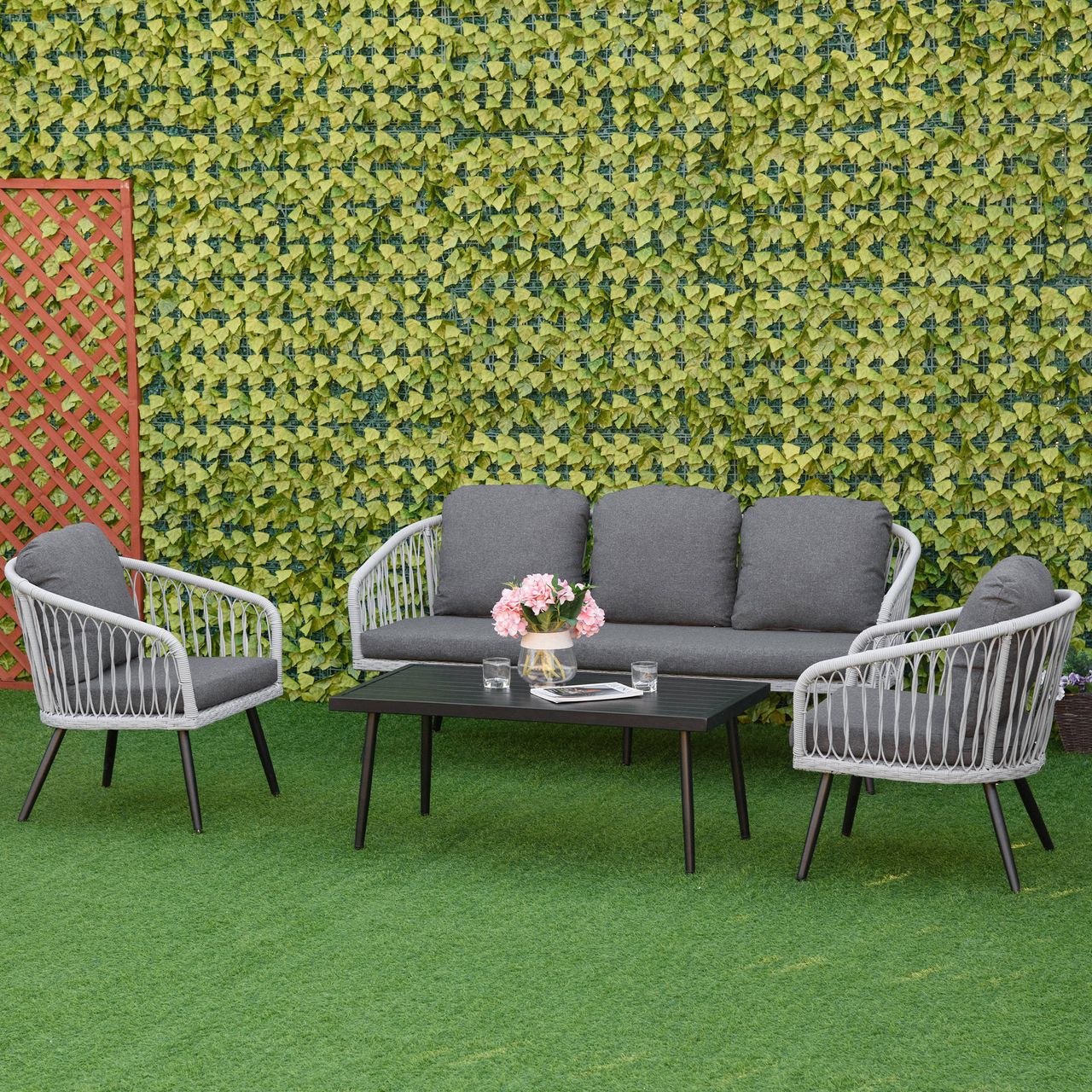 Outsunny Polyrattan Gartenmöbel Set 4-teiliges Rattensofa-Set Sitzgruppe Sitzgarnitur für Pause Lounge Teetisch mit Sofa Kissen Aluminium Grau