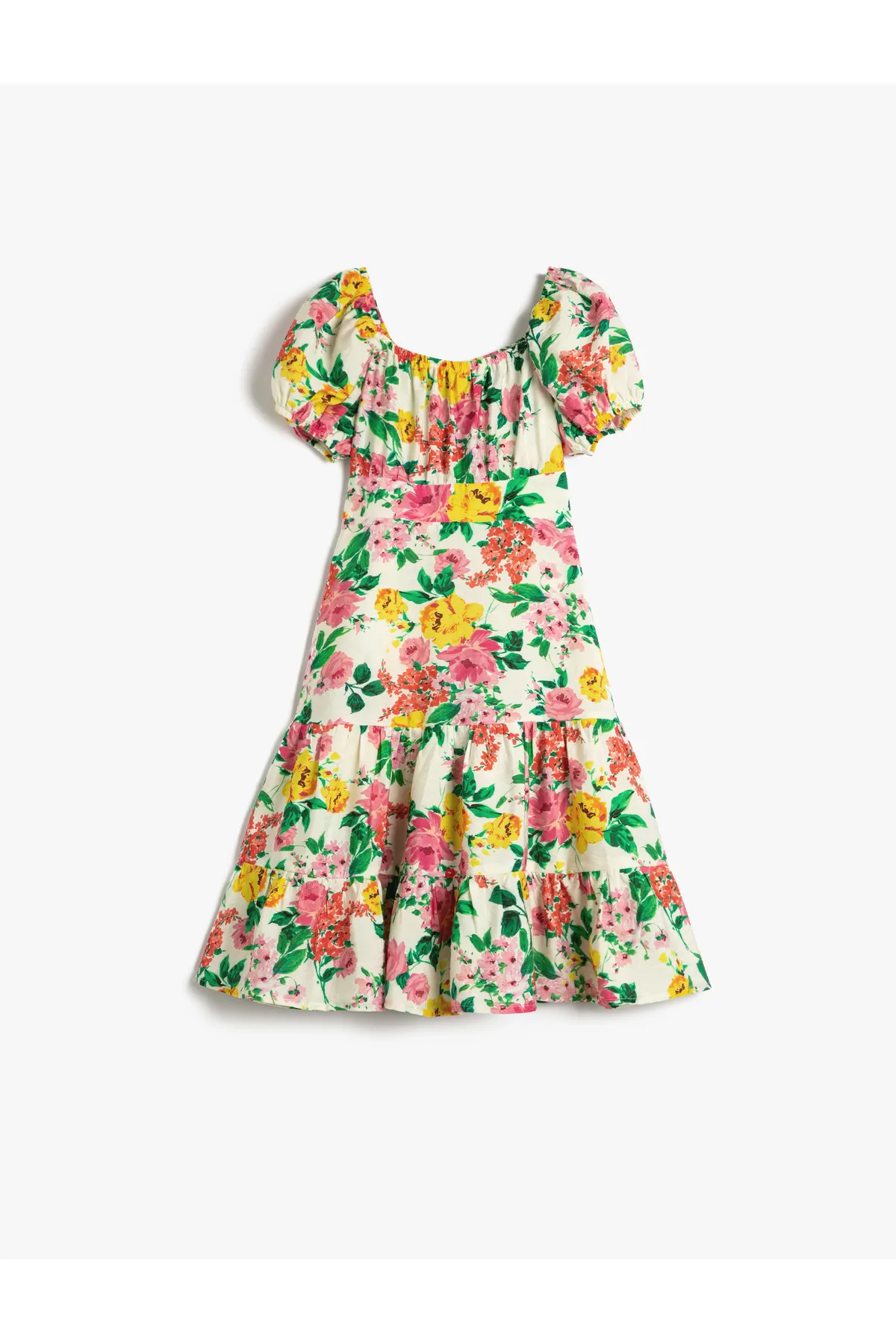 Koton  Kleid mit Blumenmuster, Midi-Länge, gestuft, kurze Ballonärmel, quadratischer Ausschnitt