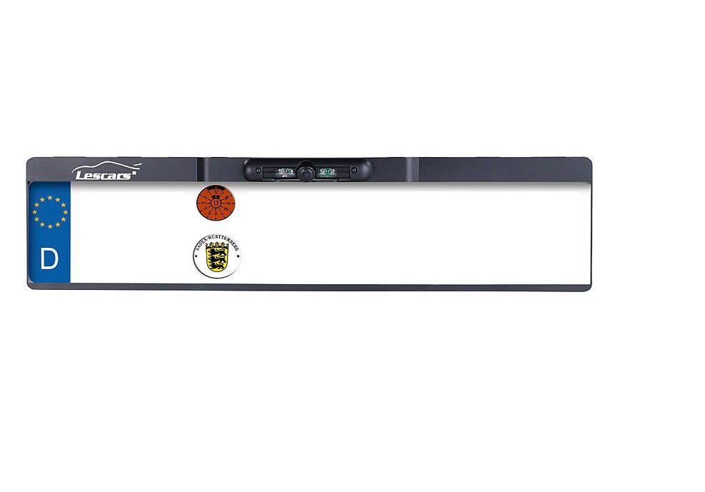 Lescars Lescars Funk-Rückfahrkamera 10,9-cm-TFT-Monitor Nummernschild Rückfahrkamera (480 x 272 Pixel, 2x Video-Cinch und Strom-Adapterstecker mit 45cm Länge, Übertragung via Funk, somit keine Kabelverlegung nach Vorne nötig)
