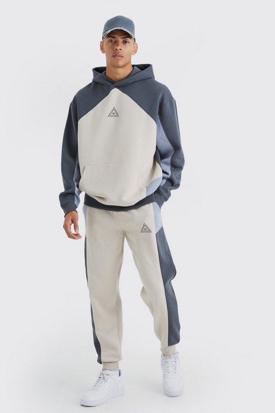 Oversize Colorblock Trainingsanzug mit Kapuze und Logo