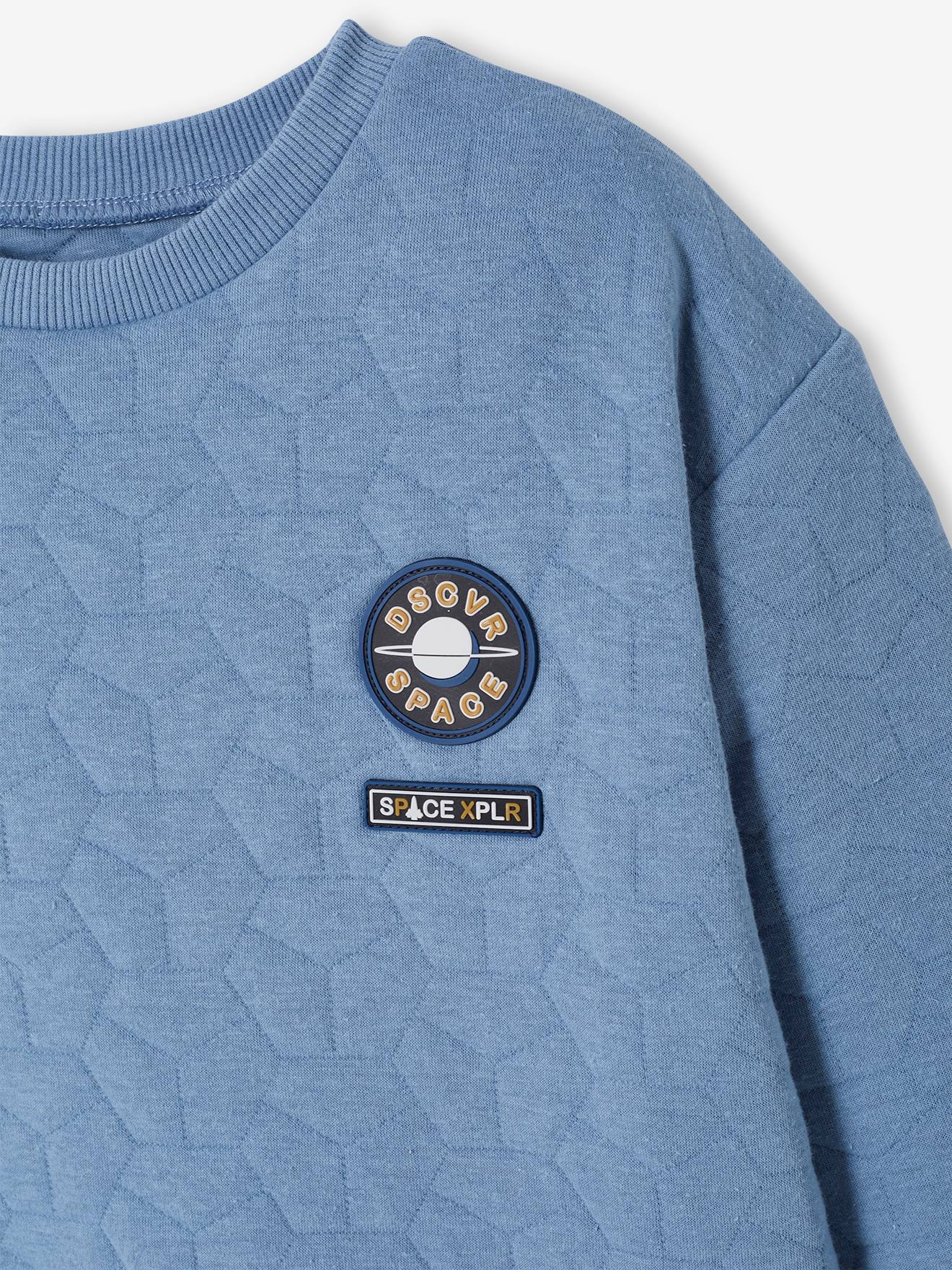 Sweat matelassé garçon badge fantaisie bleu grisé