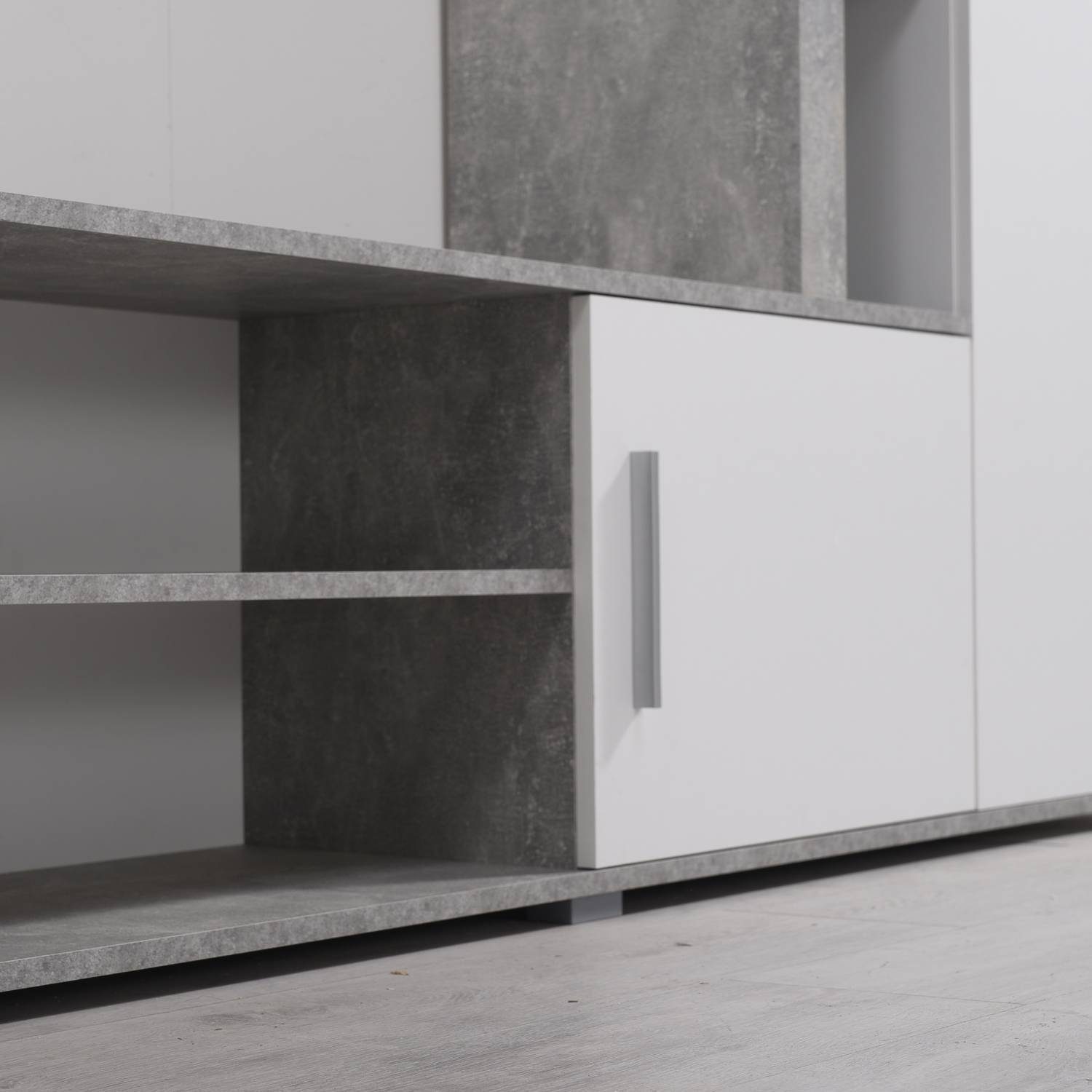 Homestyle4u Wohnwand Schrankwand Anbauwand Wohnzimmer-Set Modern Weiß Beton Optik Holz, (3-St)