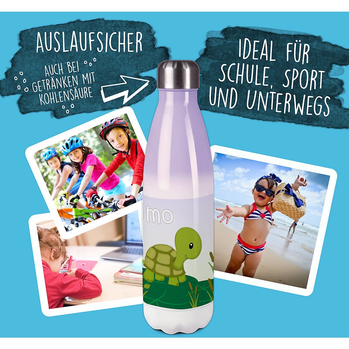 Edelstahl Kinder Thermoflasche / Trinkflasche bunt Schildkröte Spülmaschinenfest, Auslaufsicher, Bruchfest, Doppelwandig, Für Heißgetränke geeignet, Mit Deckel, Isoliert