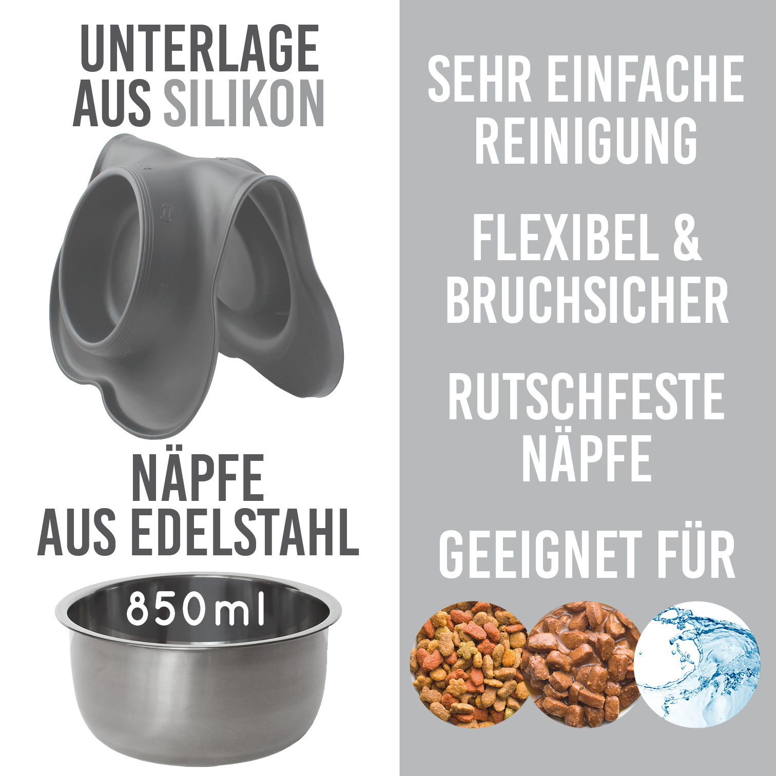 KaraLuna Futternäpfe KaraLuna Napfunterlage mit 4 Näpfen grau 850 ml