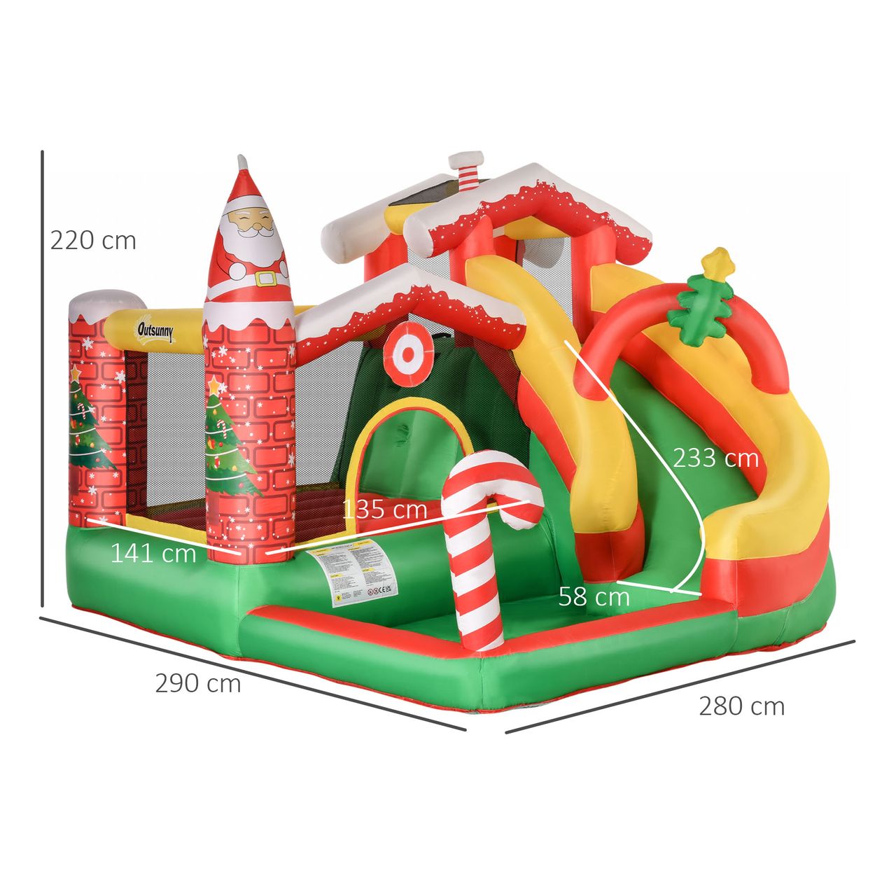 Outsunny Weihnachten Aufblasbare Hüpfburg mit Rutsche Ballgrube für 3 Kinder Springburg mit Gebläse für 3-8 Jahre Innenbereich Kindergarten Oxford-Gewebe Polyester Rot Grün Weiß 290 x 280 x 220 cm
