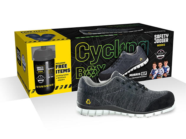 Scatola portaoggetti per bicicletta Safety Jogger CBMORRIS con scarpe antinfortunistiche Morris S1P, ciabatte e borraccia.