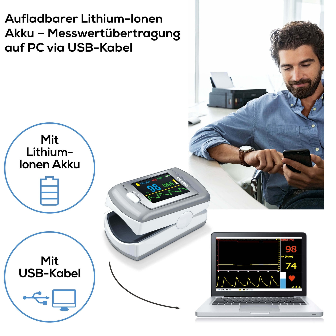 Beurer Pulsoximeter PO 80-Pulsoximeter zur Messung der Sauerstoffsättigung & Herzfrequenz mit PC-Schnittstelle
