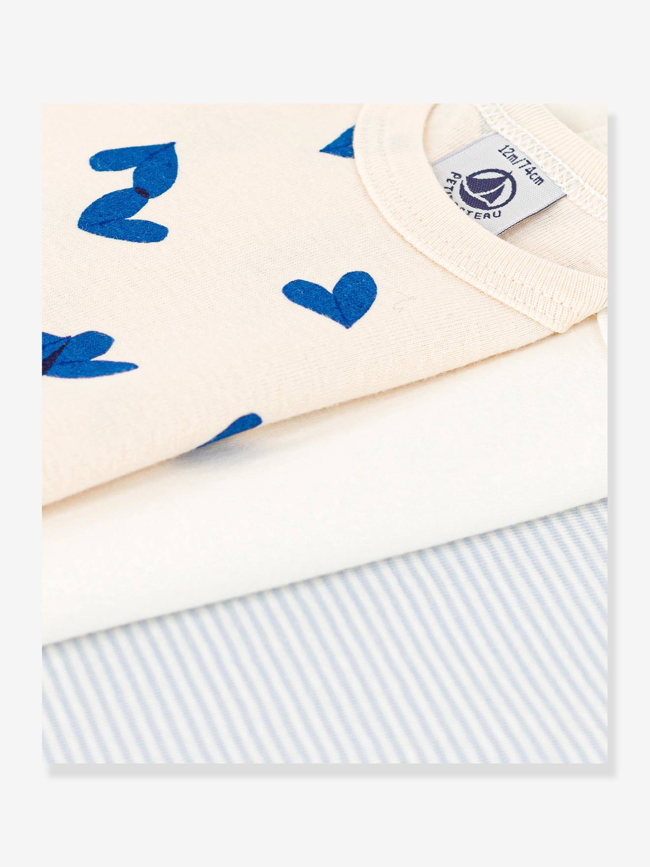 Lot de 3 bodies manches longues cœurs bleus bébé en coton PETIT BATEAU blanc imprimé