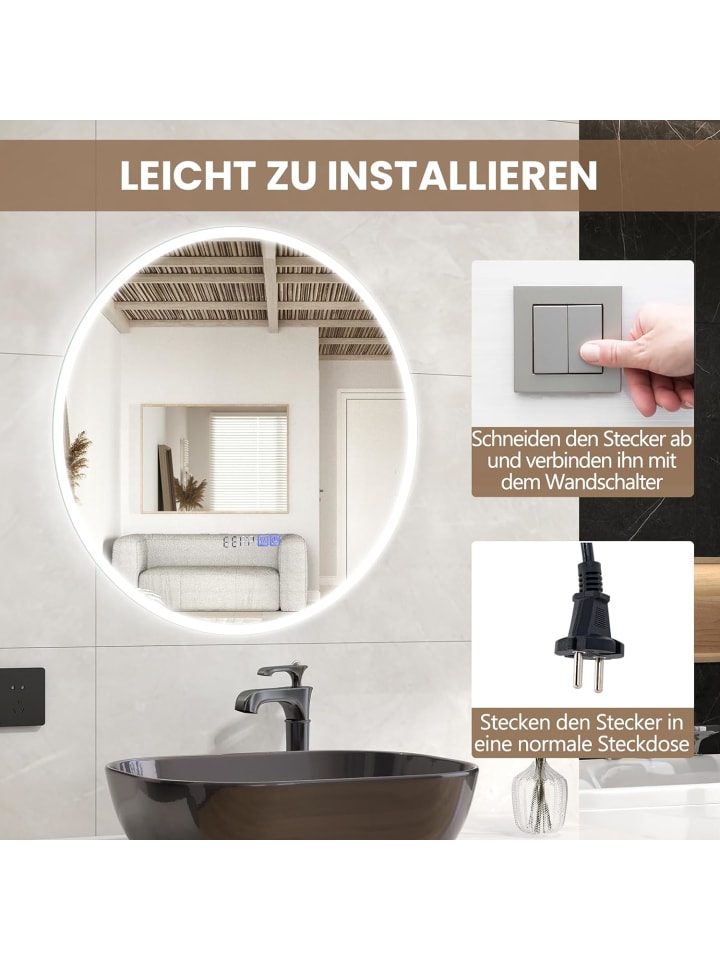 COSTWAY Badspiegel LED 3000-6000K mit Zeitanzeige & Speicherfunktion in Silber günstig kaufen onesize