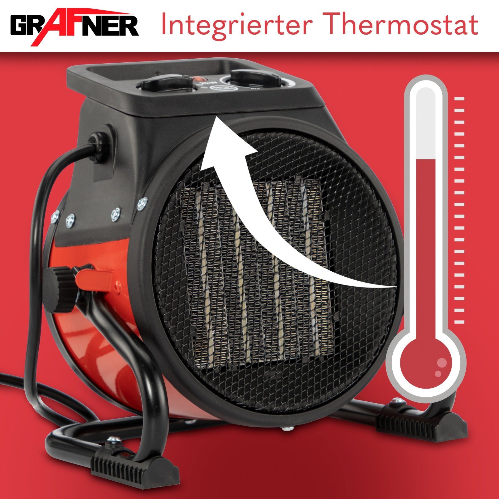 Grafner Heizgerät 2000 W Baustellen Heizlüfter Heizgebläse 2 kW Keramik Elektroheizung, 2000 W, mit Thermostat und Tragegriff