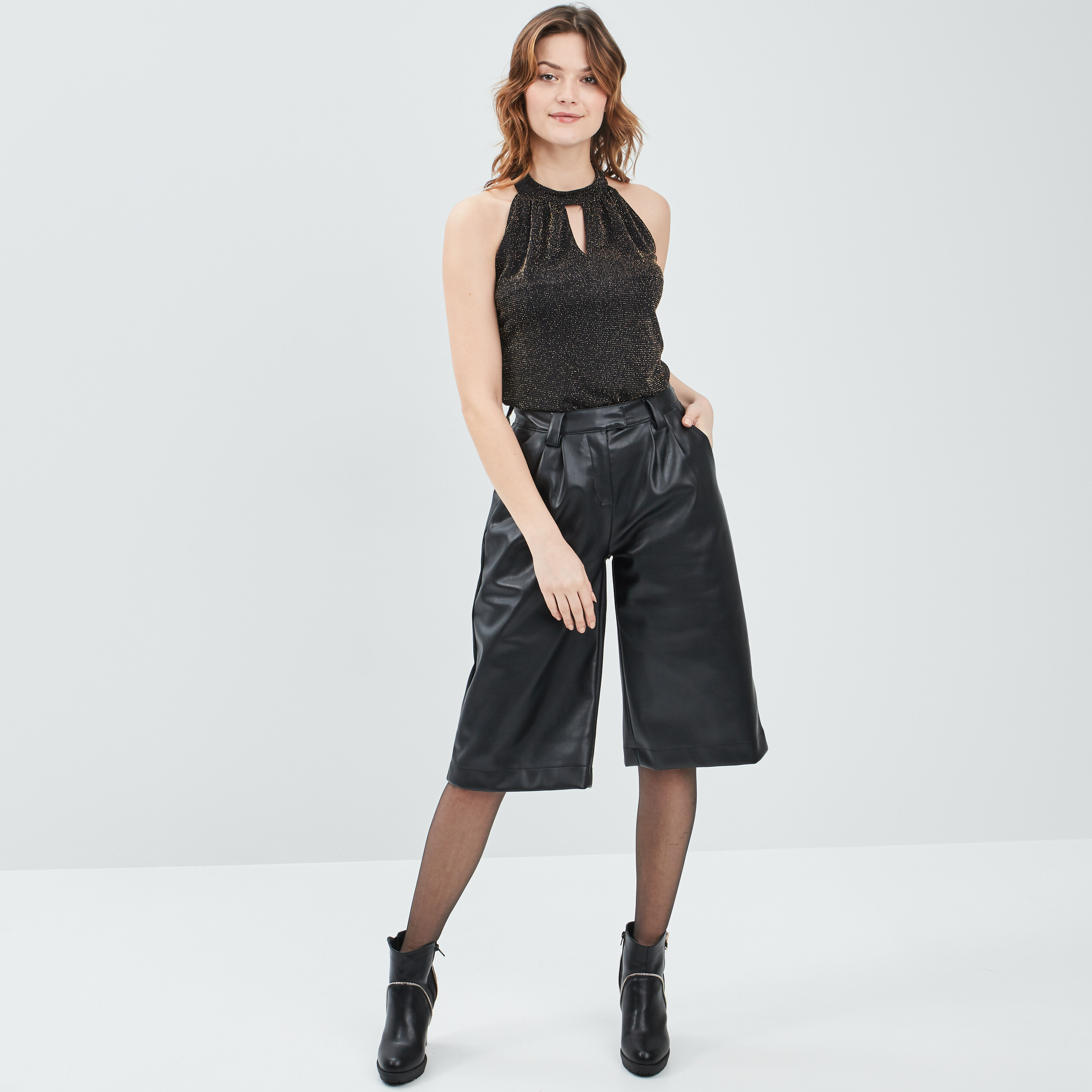 Jupe-Culotte large simili cuir noir femme | La Halle
