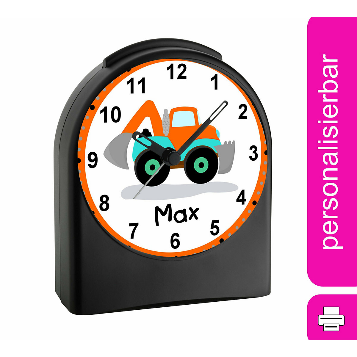 Kinder Funkwecker personalisiert mit Namen Bagger Atom-/Funkuhr, 12-Stunden-Anzeigeformat, Schlummerfunktion, Nachtlicht, Geräuschlos/Ohne Ticken