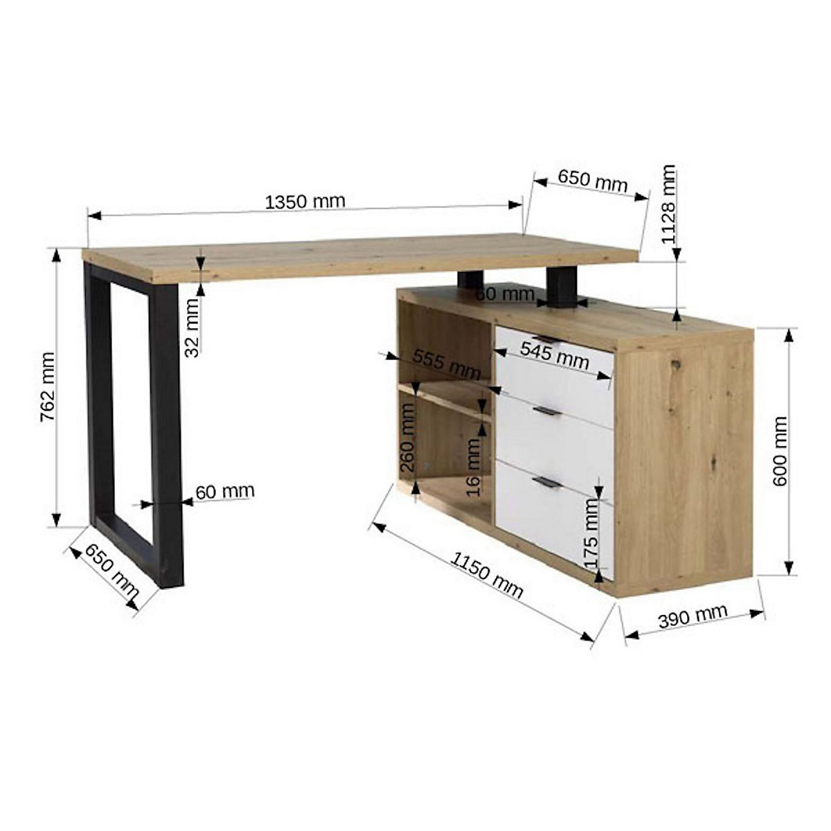 Eckschreibtisch Schreibtisch Maro 135x115x75cm schwarz weiß Artisan Eiche