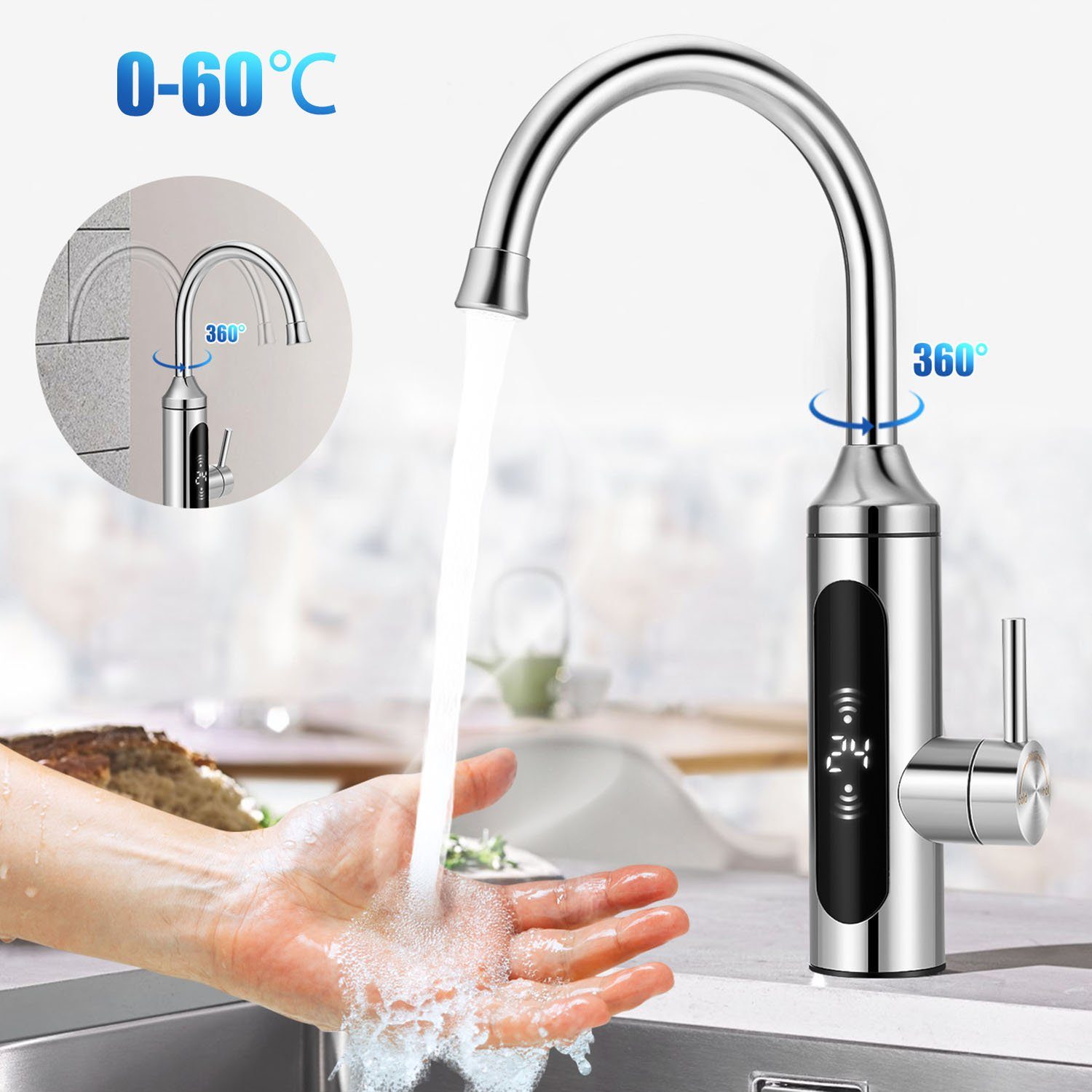 LETGOSPT Klein-Durchlauferhitzer 3000W Elektrisch Wasserhahn LED Temperaturanzeige 360° Drehbar Armatur
