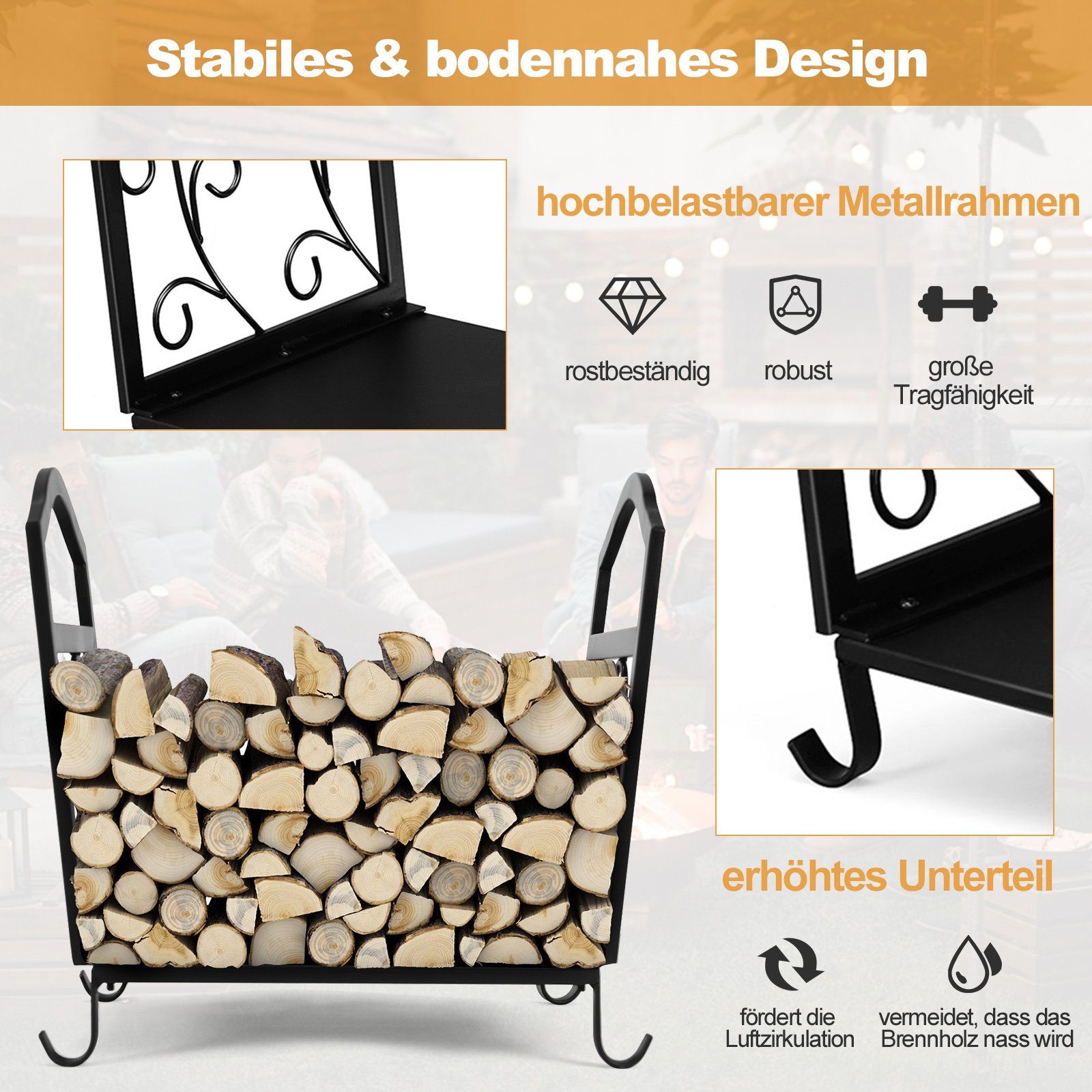 COSTWAY Kaminholzregal, BxTxH:32,5x43x40 cm, mit Sockel & Griffen, bis 60kg