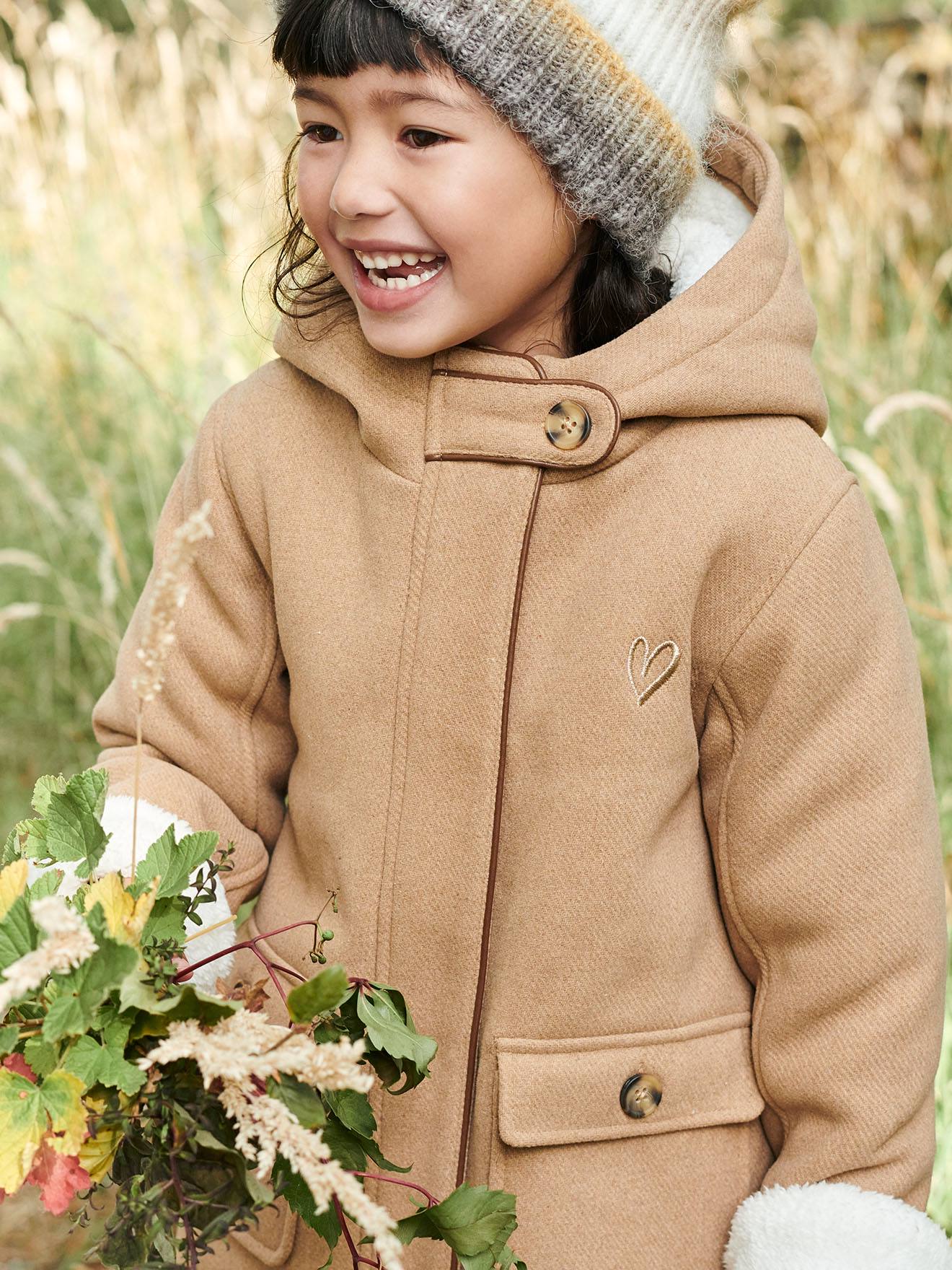 Manteau à capuche en drap de laine fille doublé sherpa chamois