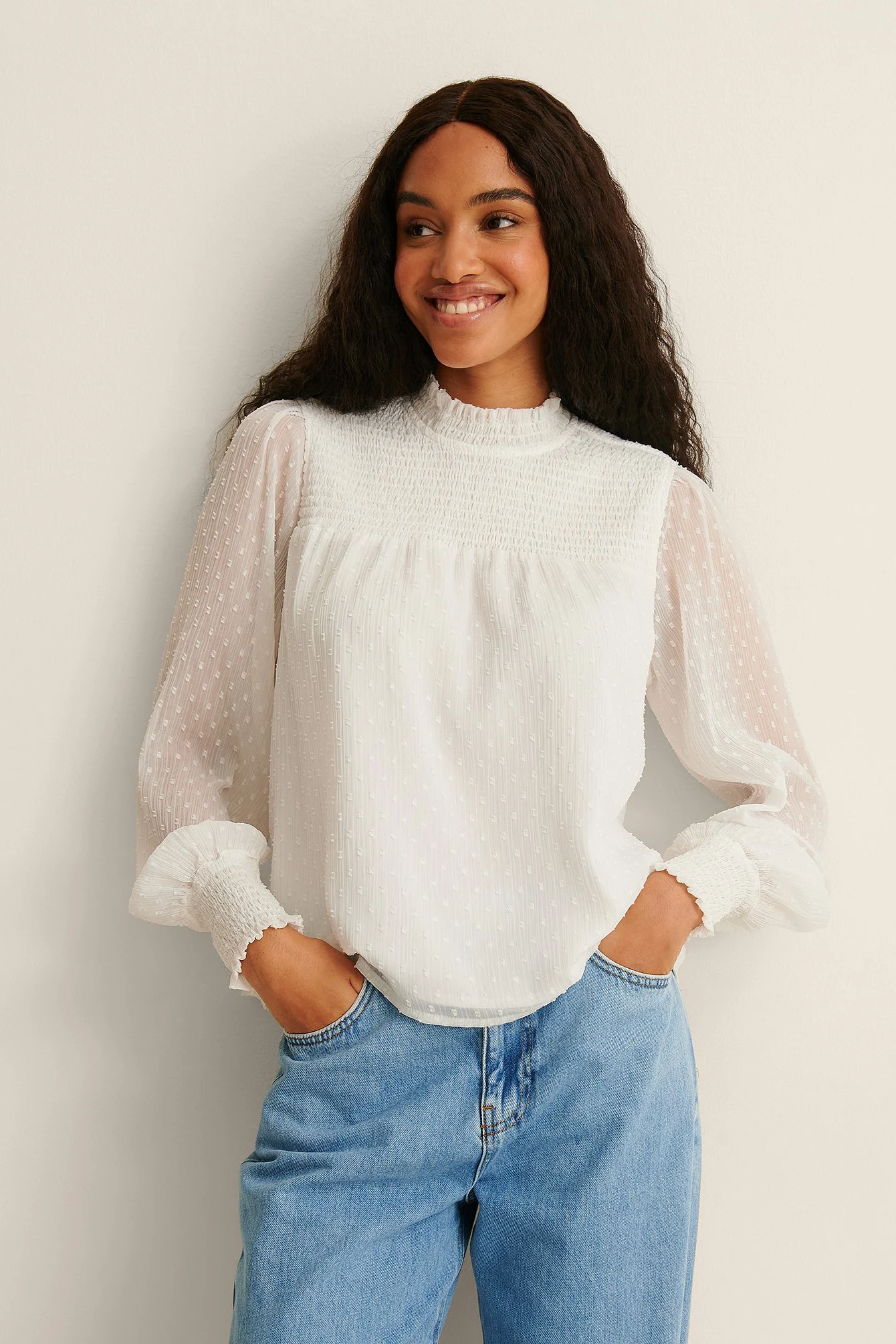 Recycelte ratière Smocked Rüschenausschnitt Bluse