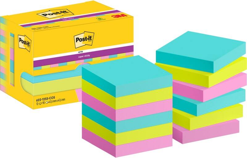 Post-it Super Sticky Haftnotizen 622-12SS-COS 47,6 x 47,6 mm 90 Blatt pro Block Grün, Rosa, Türkis Quadratisch Unliniert 12 Stück