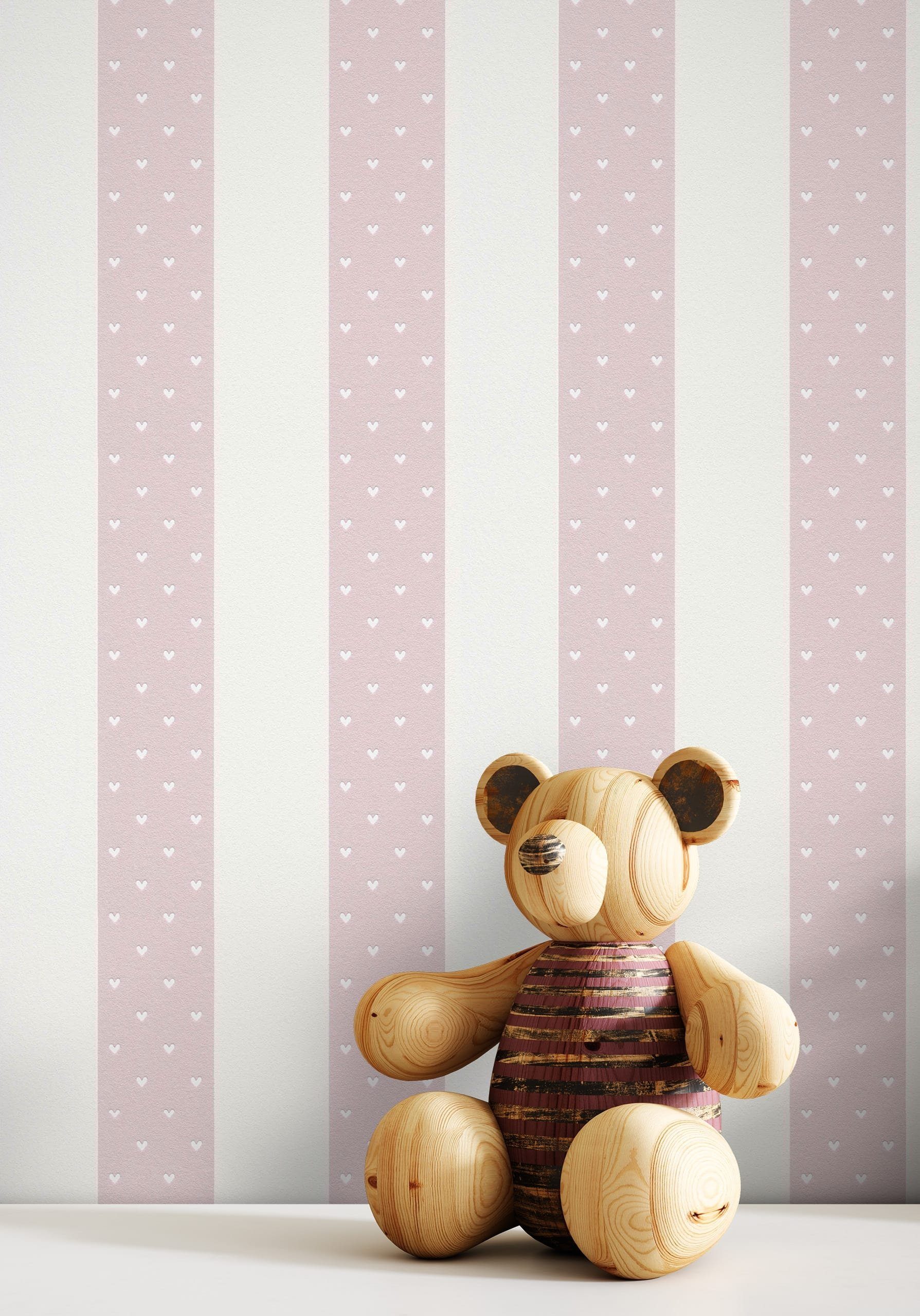 Newroom Vliestapete, Rose Tapete Kinder Streifen - Kindertapete Jugendtapete Weiß Verspielt Linien Herzen für Kinderzimmer Jugendzimmer Babyzimmer