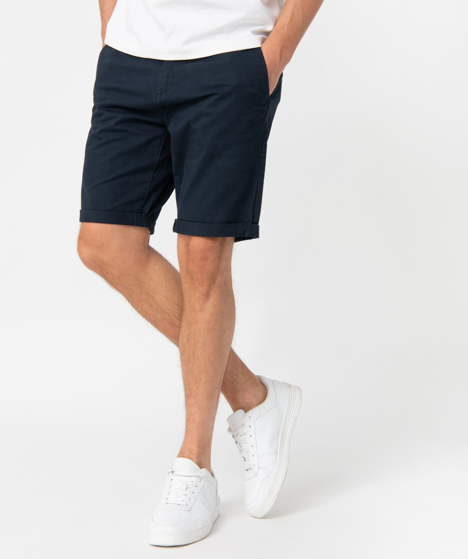 Bermuda homme en toile extensible 5 poches coupe chino bleu fonce | GEMO