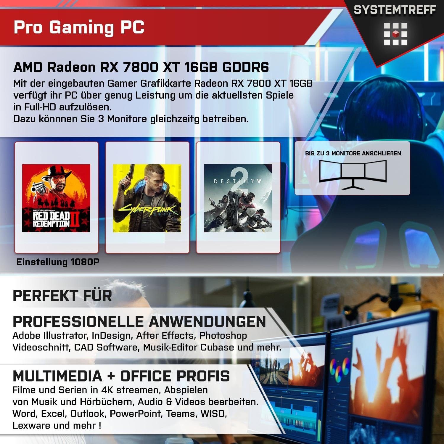 SYSTEMTREFF Gaming-PC (AMD Ryzen 7 7800X3D, Radeon RX 7800 XT, 32 GB RAM, 1000 GB SSD, Luftkühlung, Windows 11, WLAN)