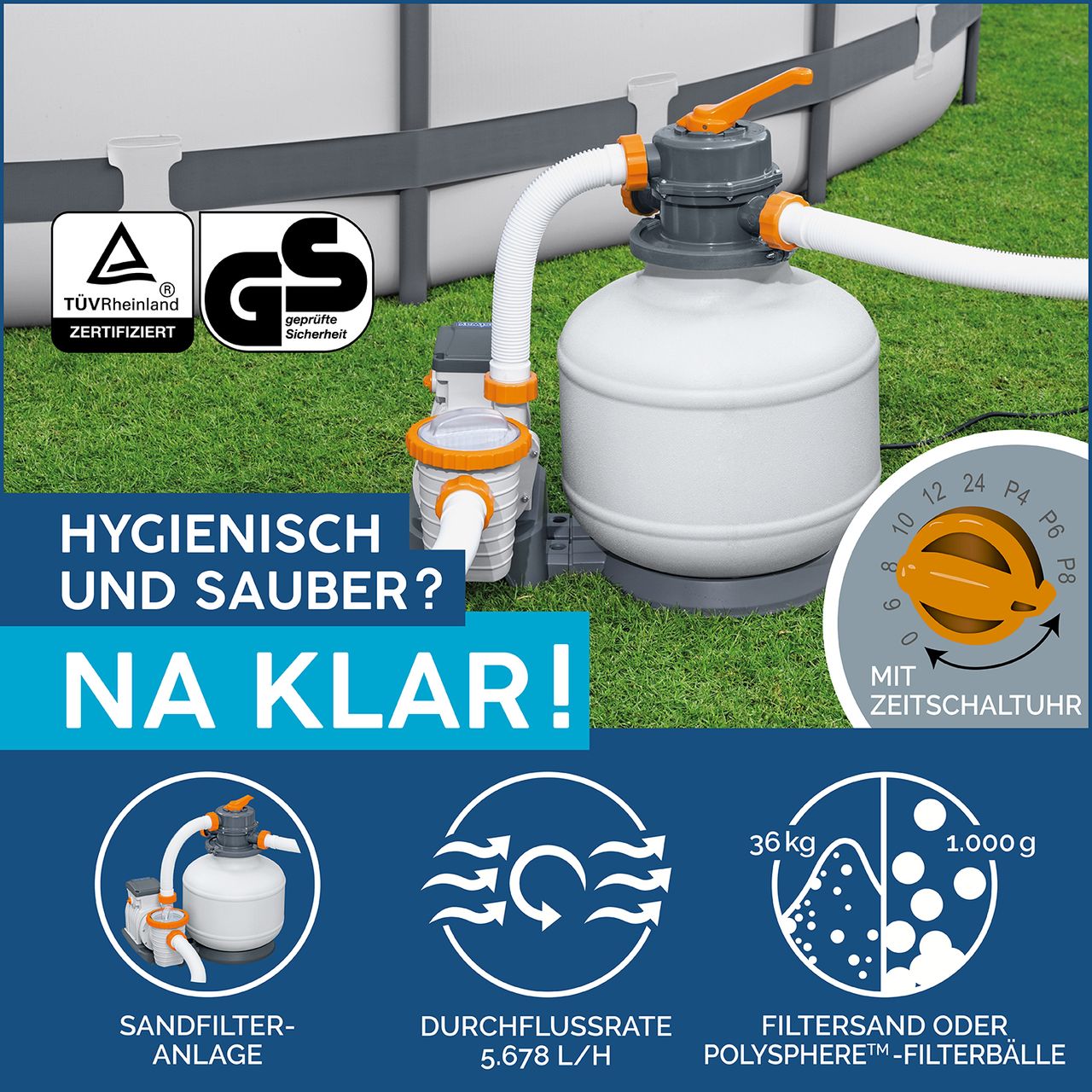 Bestway Hydrium™ Stahlwandpool Komplett-Set mit Sandfilteranlage Ø 460 x 120 cm, granitgrau, rund
