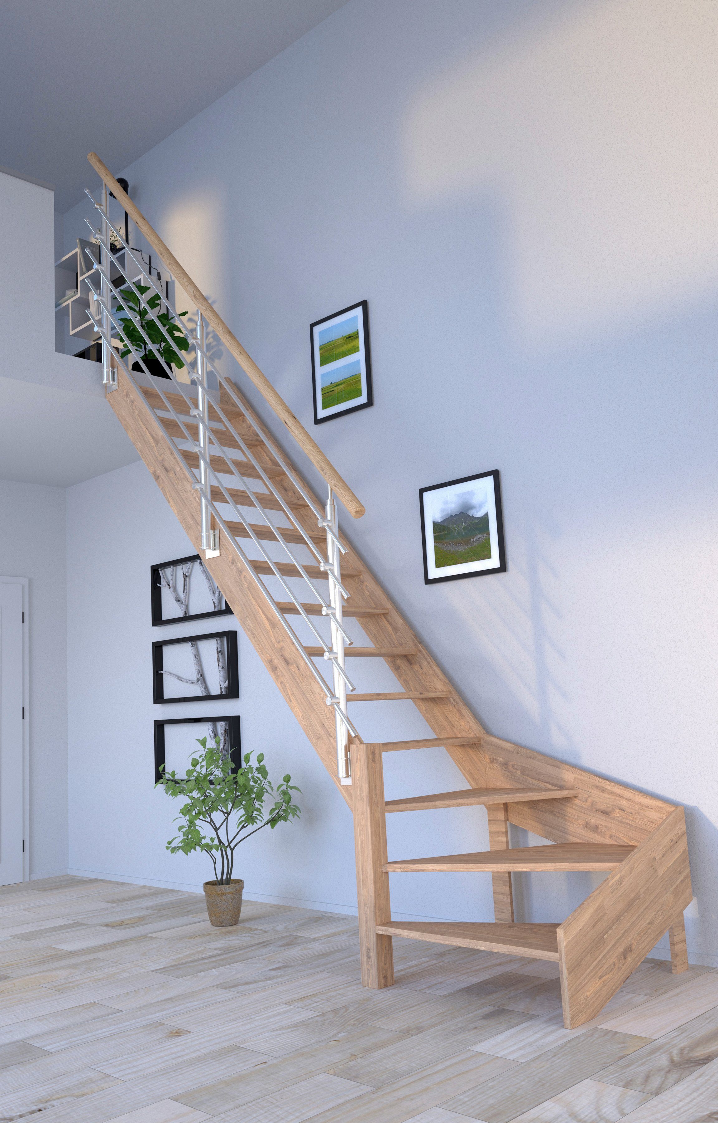 Starwood Raumspartreppe Massivholz Rhodos, Design-Geländer Edelstahl, für Geschosshöhen bis 300 cm, Stufen offen, gewendelt Links, Durchgehende Wangenteile