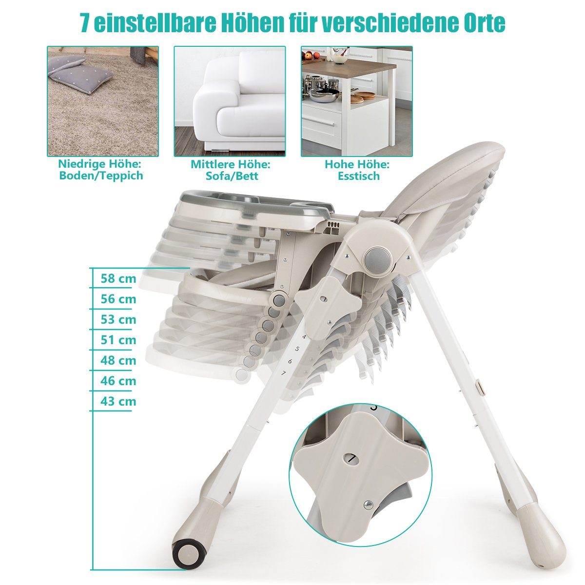COSTWAY Kombihochstuhl Baby Stuhl, 6-stufig höheverstellbar
