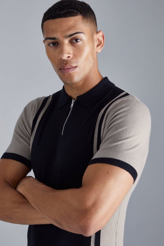 Kurzärmliges Muscle-Fit Colorblock Poloshirt